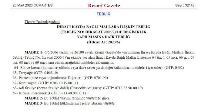 Altı ürününün ihracına kayıt zorunluluğu getirdi - Resim : 1