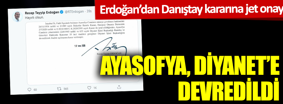 Cumhurbaşkanı Erdoğan'dan Ayasofya için jet onay