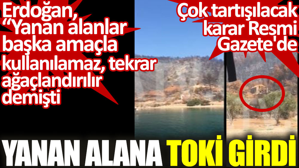 Yanan alana TOKİ girdi. Erdoğan, "Yanan alanlar başka amaçla kullanılamaz, tekrar ağaçlandırılır" demişti.