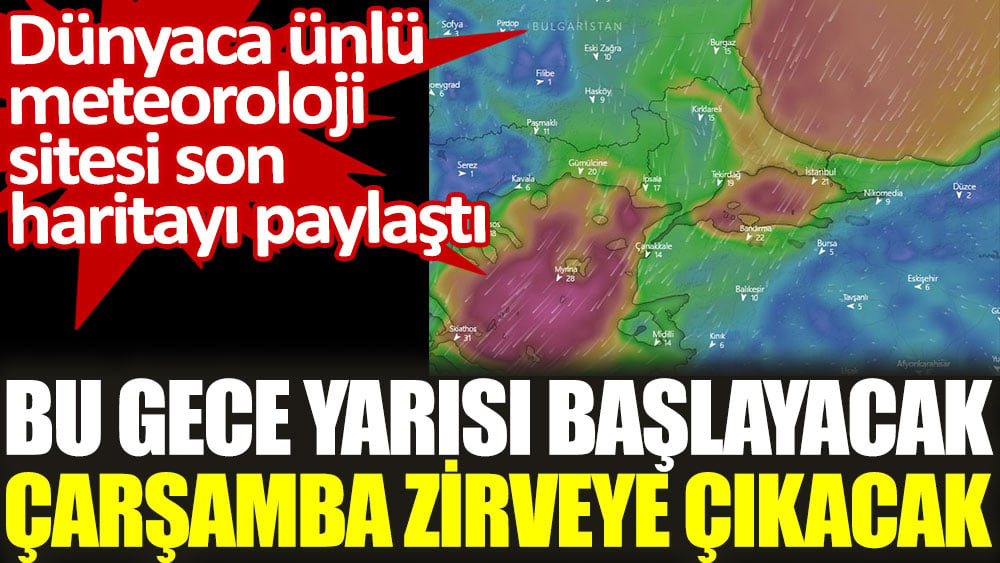 Bu gece yarısı başlayacak çarşamba zirveye çıkacak. Dünyaca ünlü meteoroloji sitesi son haritayı paylaştı