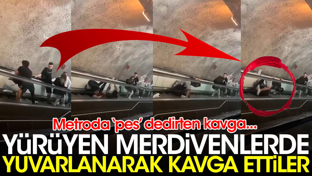 Yürüyen merdivenlerde yuvarlanarak kavga ettiler