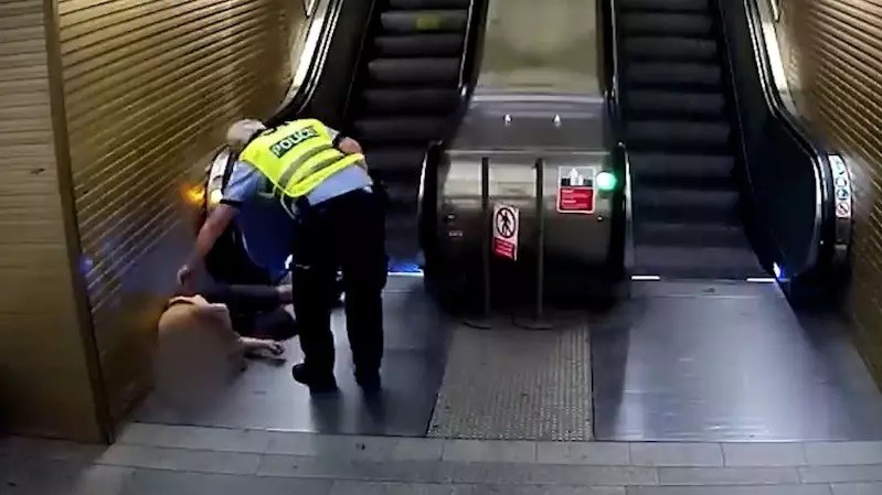 Yürüyen merdivene ters binen hırsız yakayı ele verdi