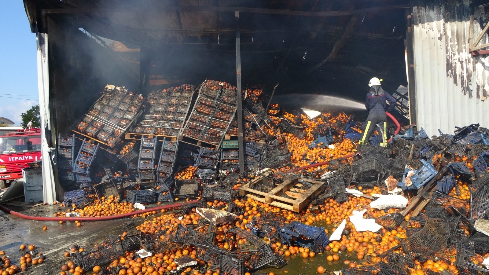 Soğuk hava deposundaki yangında 9 daire ve 100 ton portakal zarar gördü
