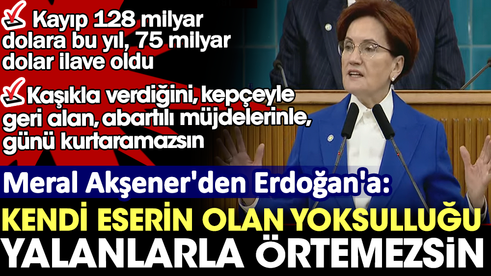 Meral Akşener'den Erdoğan'a: Kendi eserin olan yoksulluğu, yalanlarla örtemezsin. Kayıp 128 milyar dolara bu yıl, 75 milyar dolar ilave oldu