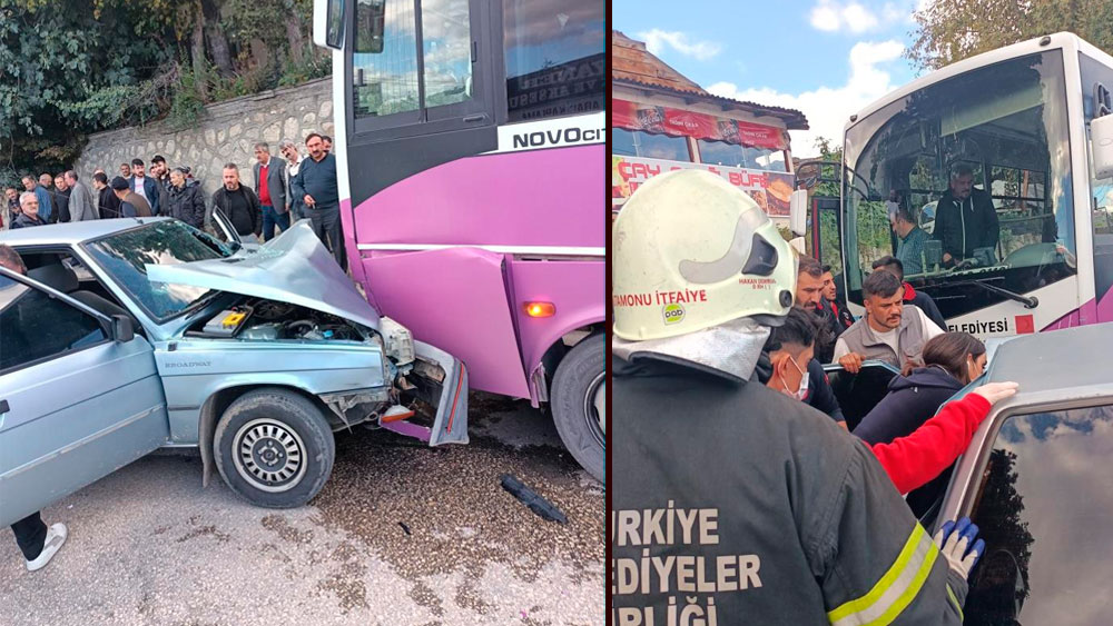 Halk otobüsü ile otomobil kafa kafaya çarpıştı: 1 yaralı
