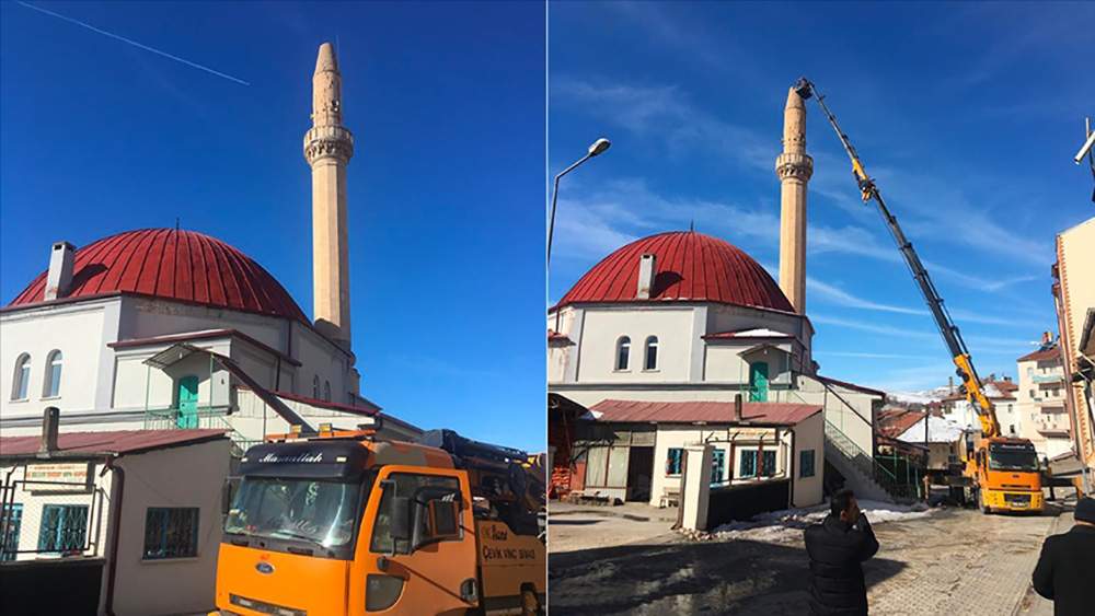 Gürün'de hasar gören minarelerin yıkımına başlandı
