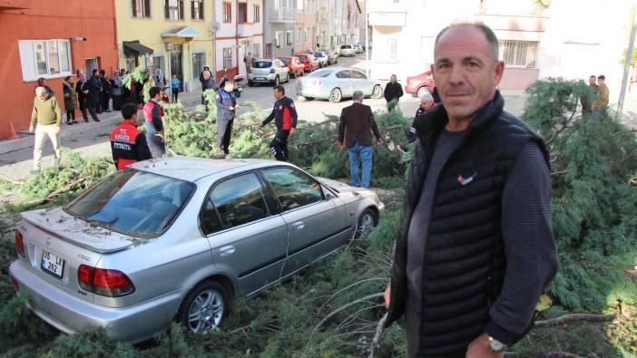 Fırtınada üstüne ağaç devrilen otomobildeki 3 genci baltayla kurtardı