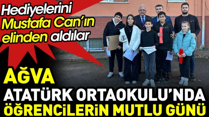 Ağva Atatürk Ortaokulu'nda öğrencilerin mutlu günü. Hediyelerini Mustafa Can'ın elinden aldılar