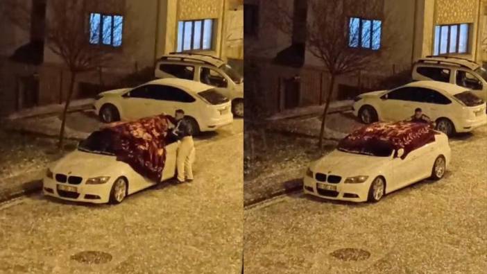 Tokat'ta dolu. Aracını doluya karşı battaniye örterek korudu