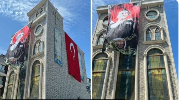 Kiliseye Atatürk posteri ve Türk Bayrağı asıldı