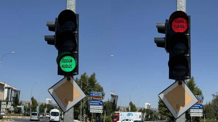 Elazığ'da trafik ışıklarına yerleştirilen yazılarla İsrail'e tepki