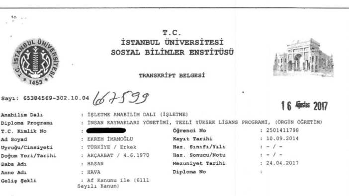 İmamoğlu’nun üniversite diploması sahte iddiası. Danışmanı belgesiyle paylaştı