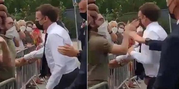 Sol eliyle Macron'un bir elini tuttu sağ elinin içiyle şırrak diye tokatı yerleştirdi