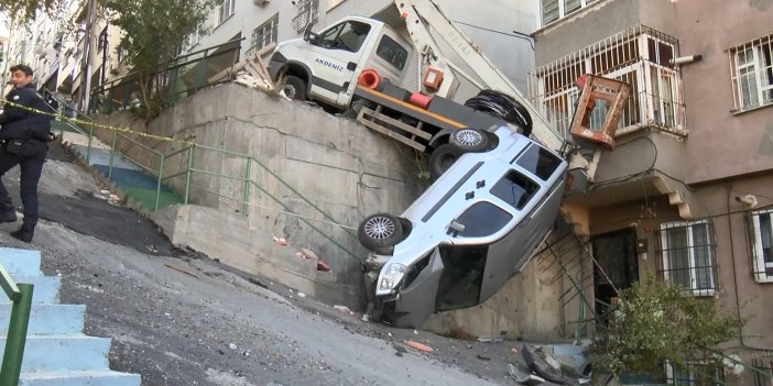 İstanbul'da yokuştan kayan araç, başka bir aracı düşürdü. Faciadan son anda döndüldü