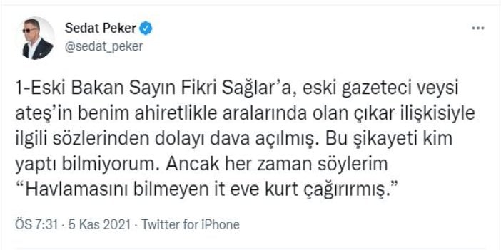 Hakkında soruşturma açılan Fikri Sağlar’ın avukatına  savunma desteği Sedat Peker’den geldi