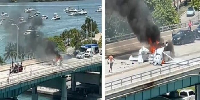 Köprüye uçak düştü. Alev alev yanan uçak böyle görüntülendi