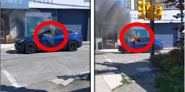 Tesla Model Y sokak ortasında yandı. Sürücü araç camını tekmeleyerek kendisini dışarı attı