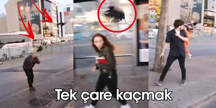 Kadıköy'de kargalar kaldırımdakilere zor anlar yaşattı. Karga saldırısında kaçarak kurtuldular