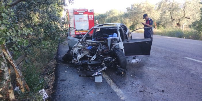 Bursa'da ağaca çarpıp alev alan otomobilin sürücüsü feci şekilde can verdi