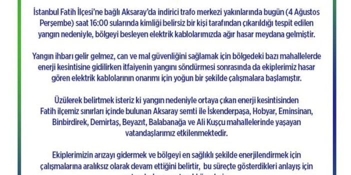 Aksaray'da Trafo merkezi yakınlarında yangın çıkarıldı. İstanbul’da elektrik kesintisi. İşte o mahalleler