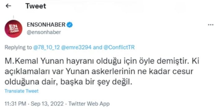 Atatürk için “Yunan hayranı” paylaşımı yapan Ensonhaber’den açıklama