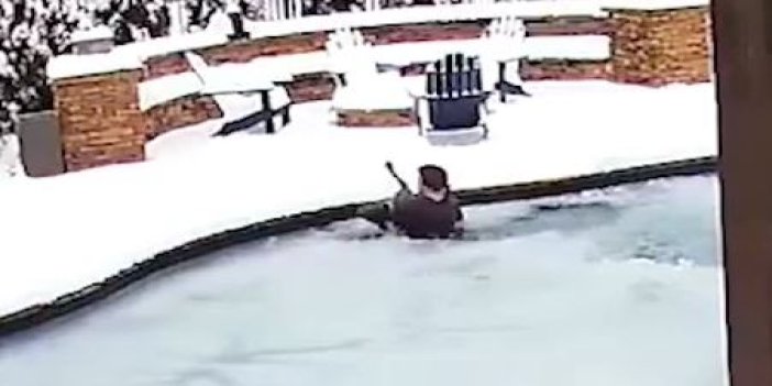 Köpeği buzlu havuza düşen genç kadın koşarak havuza atladı