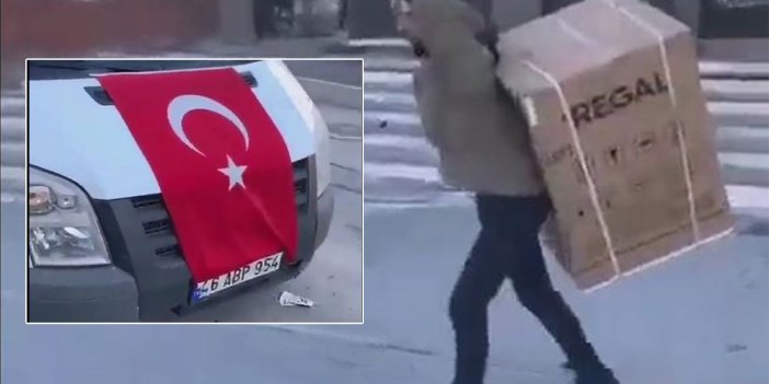 Yağmacı hırsız A101'den buzdolabı çaldı. Yağmacılığını örtmek için Türk bayrağı kullandı. İşte plakası