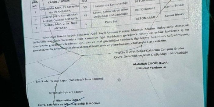 Hatay'da delil karatmanın belgesi ortaya çıktı. Yıkılan binaların evrakların bulunduğu tek katlı bina için resmi yıkım kararı çıkmıştı