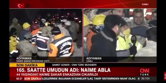 Naime Şakar, ikiz felaketin 165. saatinde kurtarıldı. Enkazdan çıkaran görevli kendisini öven arkadaşının ağzını kapattı