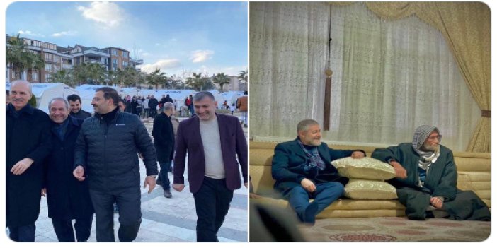 AKP'li Kurtulmuş ve AKP'li Belediye Başkanı depremzede ziyaretinde bol bol kahkaha atıyor. Ne gülüyorsunuz açıkta bir şey mi gördünüz