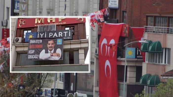 İYİ Parti’nin Sinan Ateş pankartı üst kattaki MHP’nin astığı bayrak ile kapatıldı. Pankart sonrasında Saadet binasına asıldı