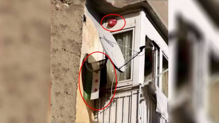 Skandal görüntü. Suriye bayrağını asmış, Türk bayrağını tıkaç olarak kullanmış