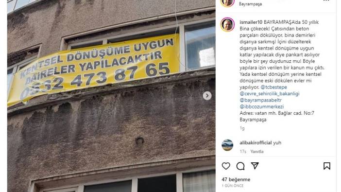 İstanbul'da çökmek üzere olan 50 yıllık binaya asılan pankart pes dedirtti. Kentsel dönüşüm boyut atladı
