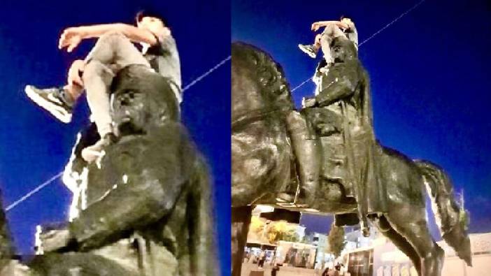 Atatürk büstüne çıkıp, ayak ayak üstüne atan Suriyeli yakalandı. Vatanı olmayan Ata’yı ne bilir