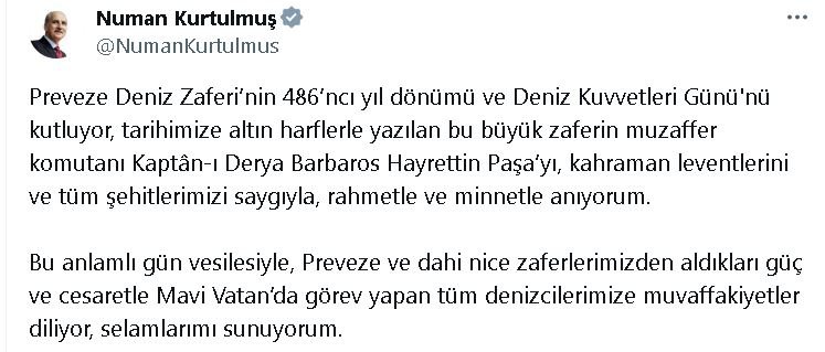 TBMM Başkanı Kurtulmuş'tan 'Preveze Deniz Zaferi' mesajı