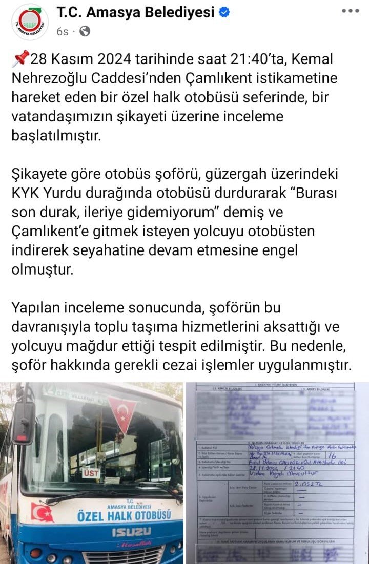 Amasya Belediyesi şikâyeti değerlendirdi. Halk Otobüsü Şoförüne ceza işlem yapıldı