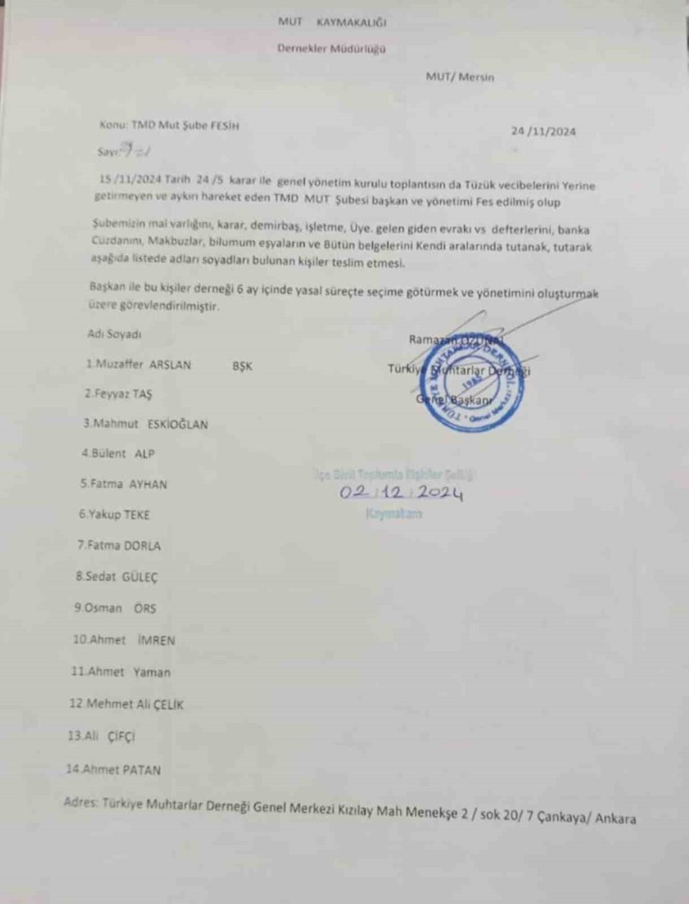 Mut Muhtarlar Derneğine kayyum ataması yapıldı