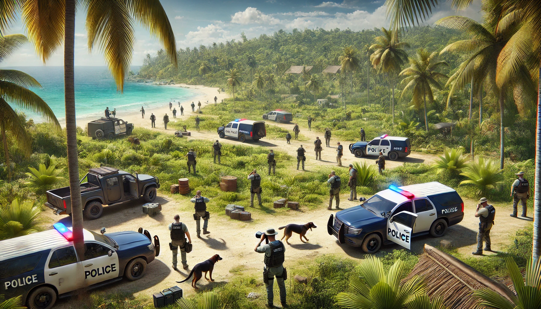 dalle-2025-01-05-13-49-38-a-wide-landscape-image-depicting-a-team-of-police-officers-conducting-a-search-operation-in-a-tropical-area-with-police-vehicles-search-dogs-and-of.webp