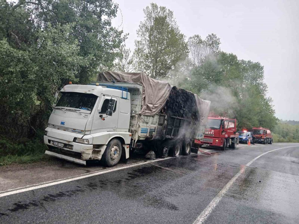 Odun yüklü kamyon alev aldı